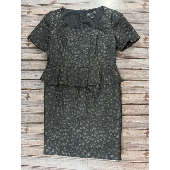 St John silk Black Metallic Siver Textured Floral Print Peplum Sheath Dress Sz 8 - Picture 2 of 9